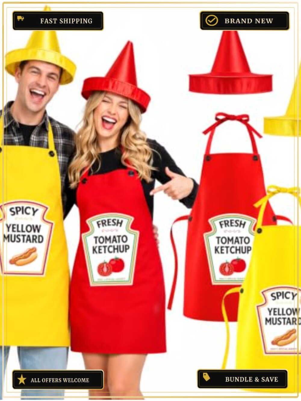 2 Pc Ketchup Mustard Condiment Apron Costume Set with Cone Hats Adult Party